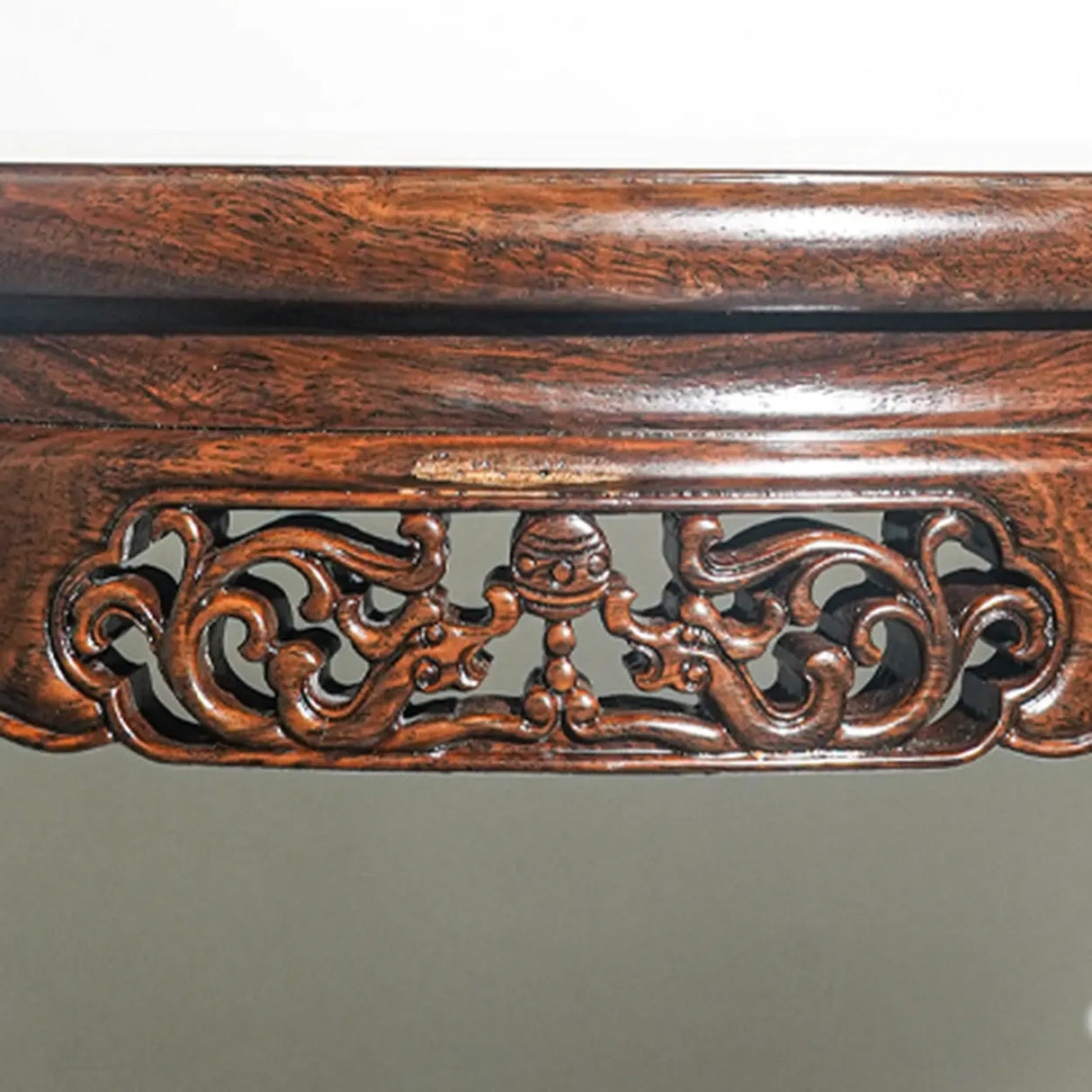 Rich Brown Ornate Half Moon Wood Console Table with Shelf Image - 5