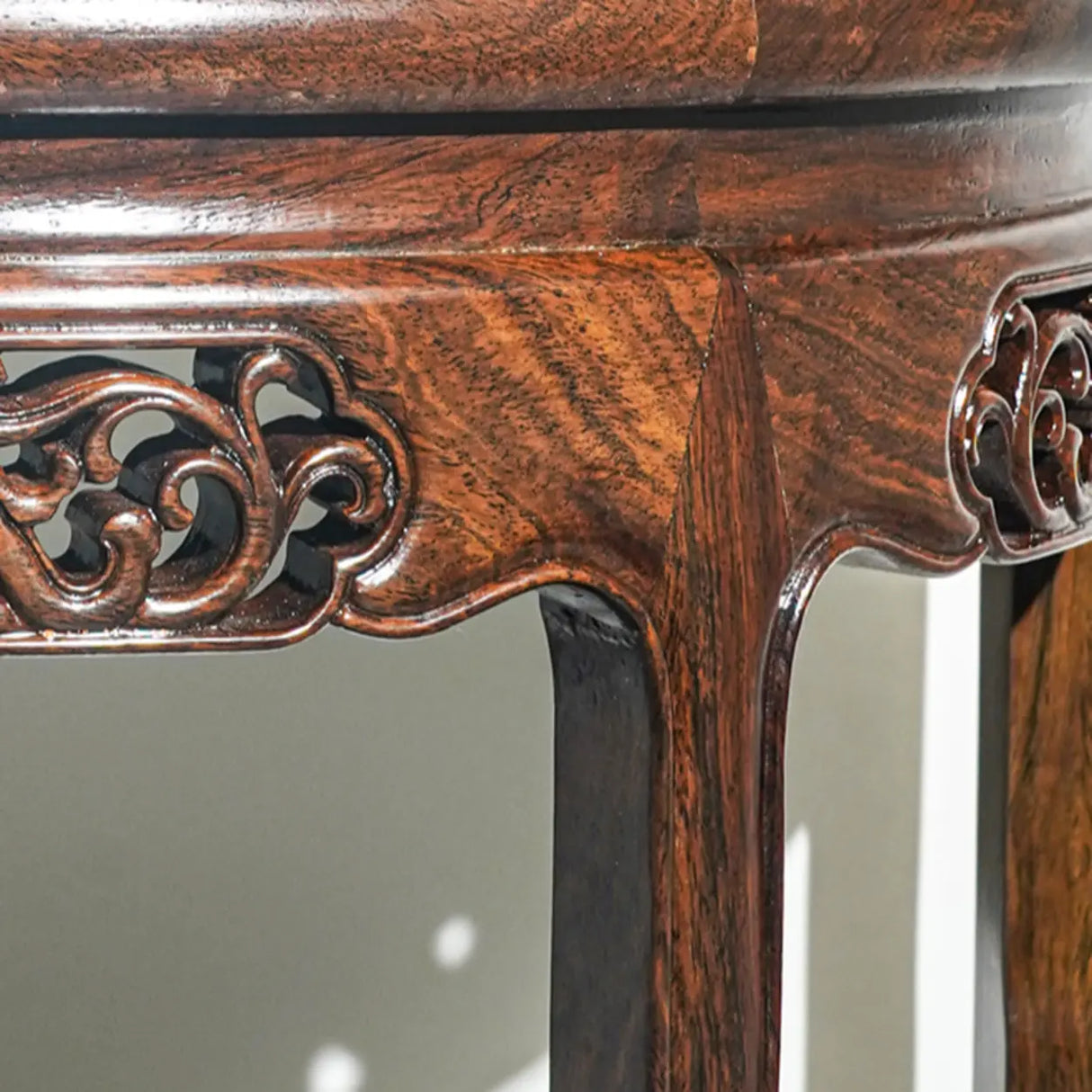 Rich Brown Ornate Half Moon Wood Console Table with Shelf Image - 7