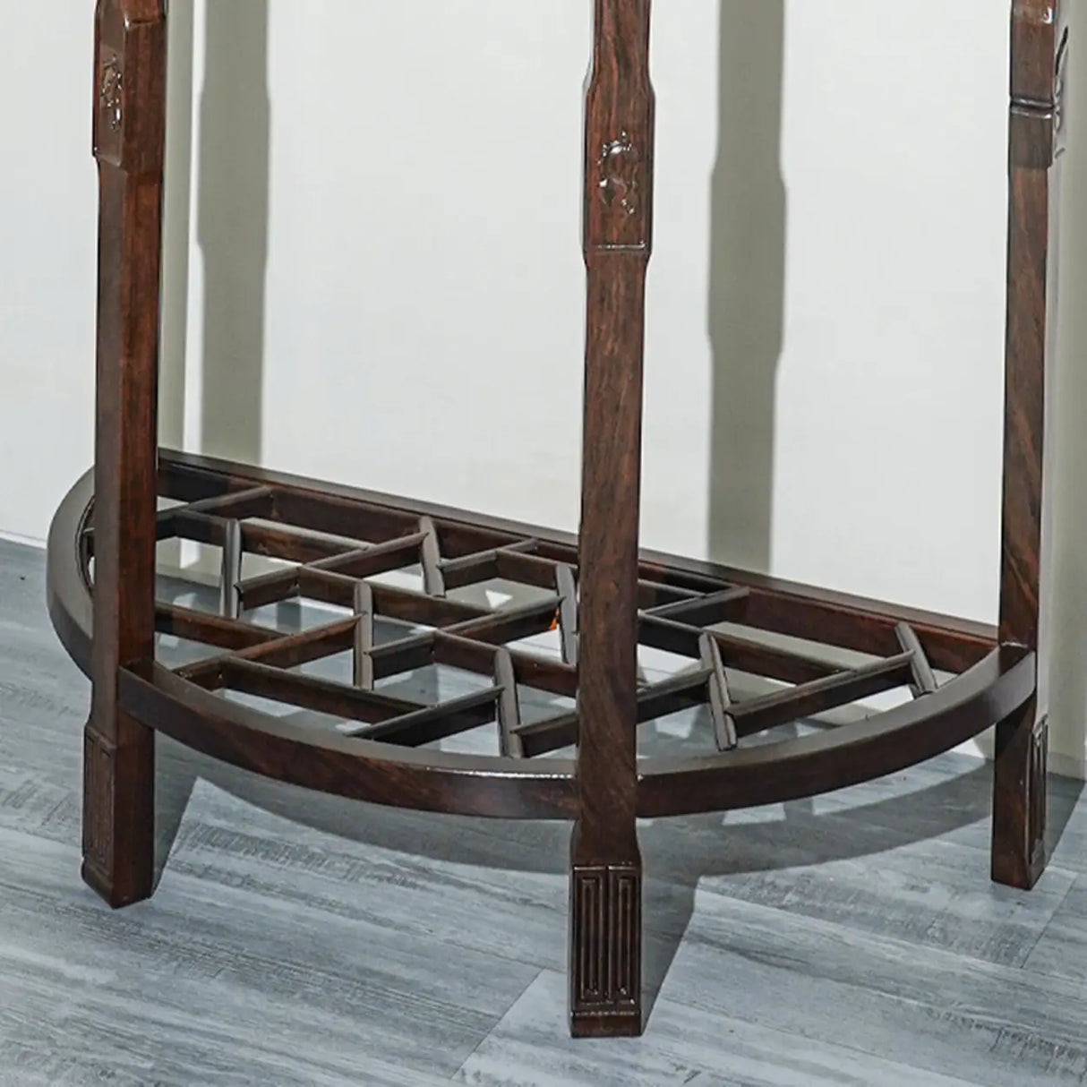 Rich Brown Ornate Half Moon Wood Console Table with Shelf Image - 8