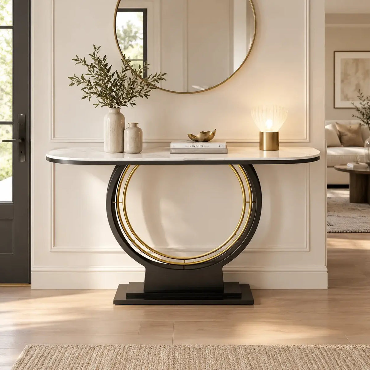 Ring Base Half Moon Sintered Stone Top Console Table Image - 2