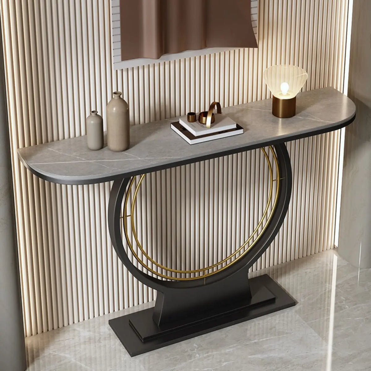 31"L x 12"W x 31"H Black Light Gray Ring Base Half Moon Sintered Stone Top Console Table Image - 4