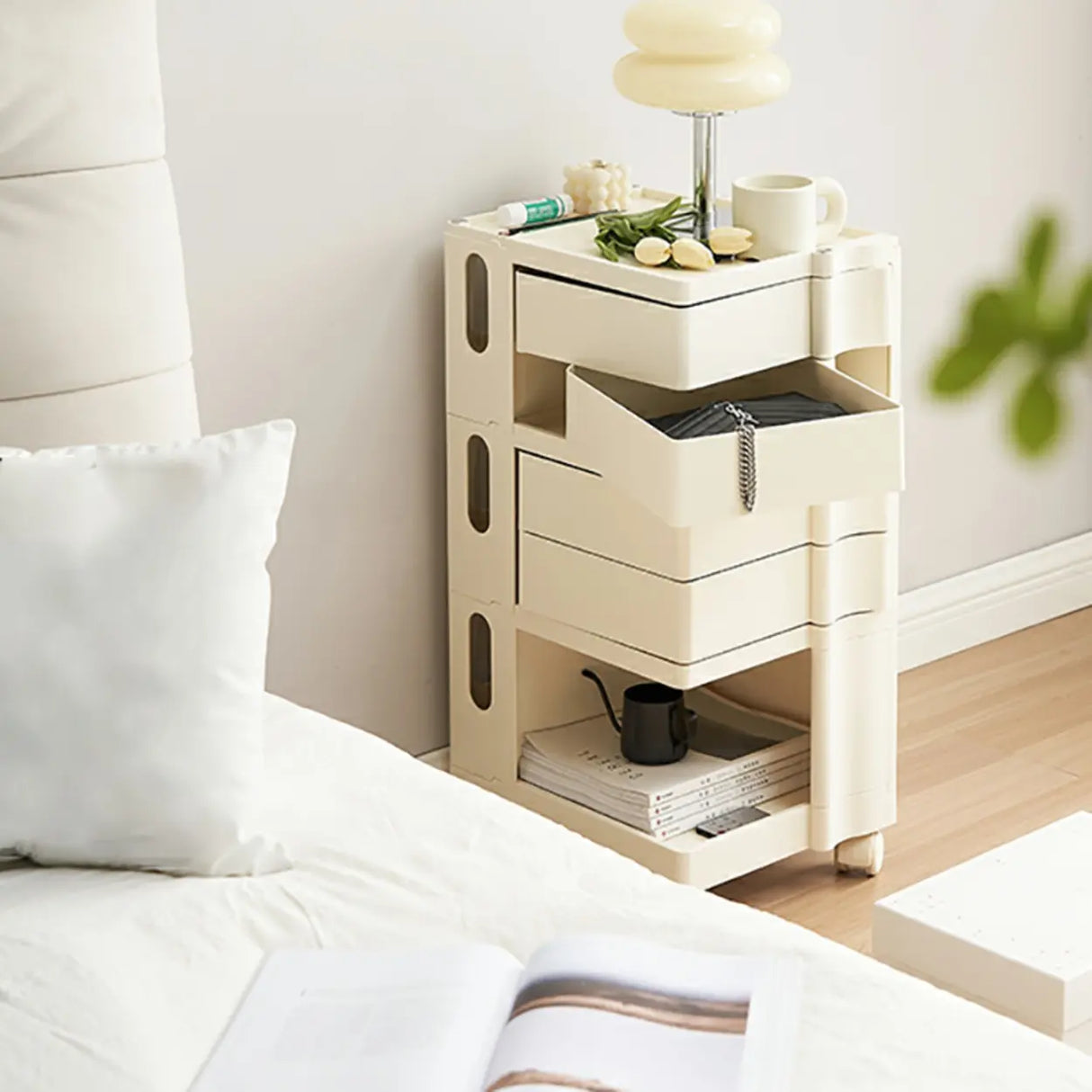 Rolling Narrow Open Storage Kids Nightstand with Shelf Image - 20