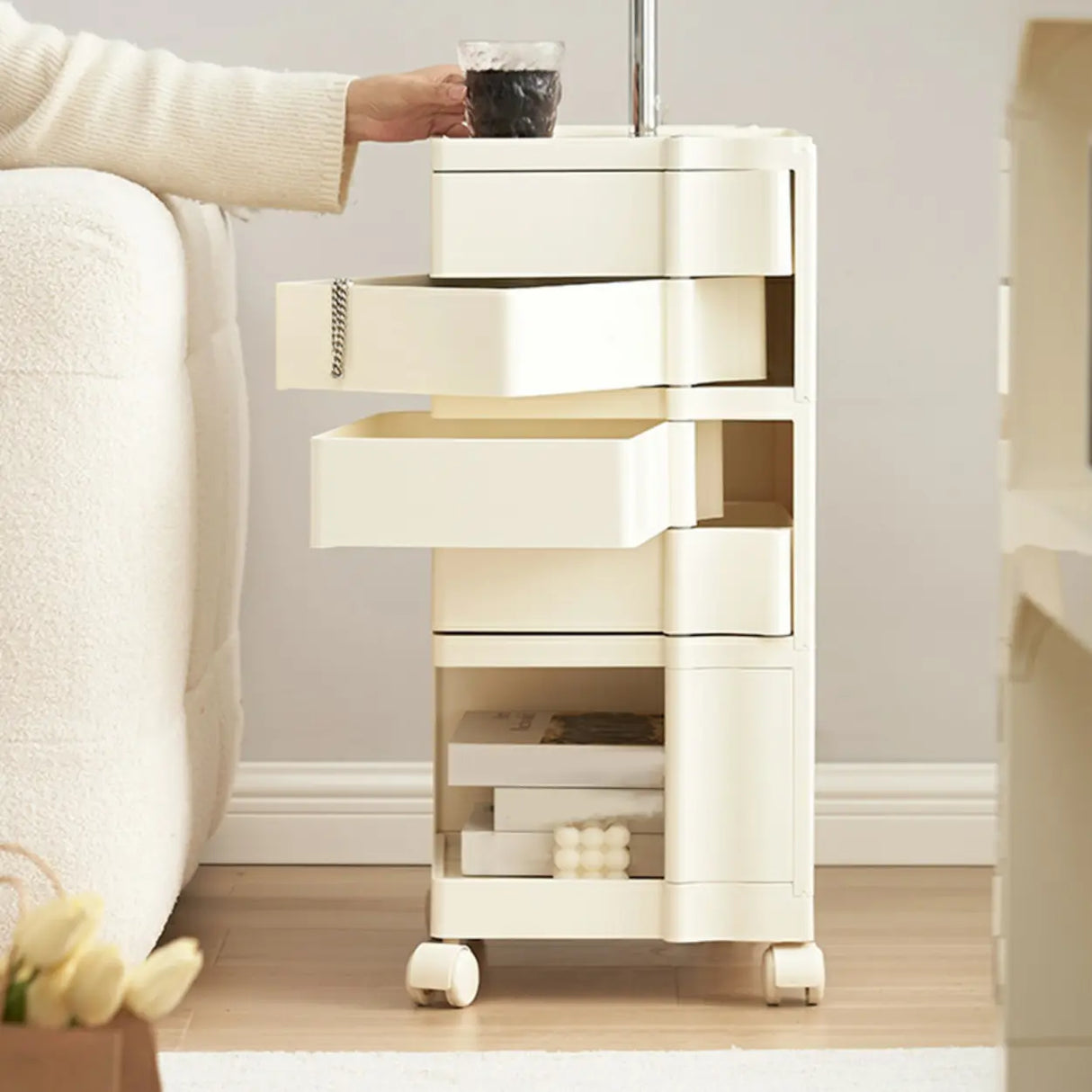 Rolling Narrow Open Storage Kids Nightstand with Shelf Image - 22