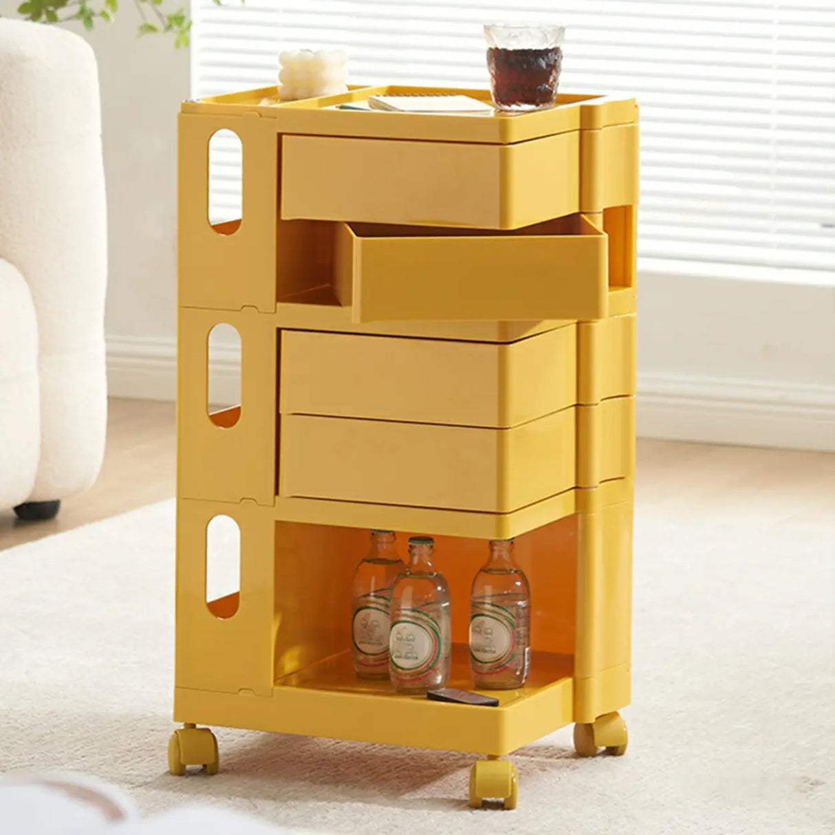 Rolling Narrow Open Storage Kids Nightstand with Shelf Image - 3