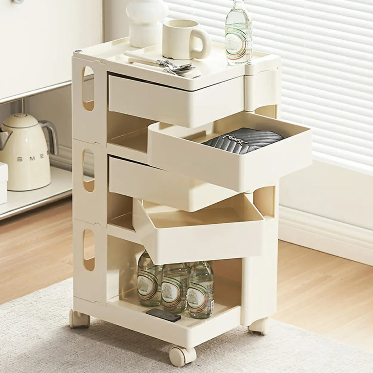 Rolling Narrow Open Storage Kids Nightstand with Shelf Image - 6