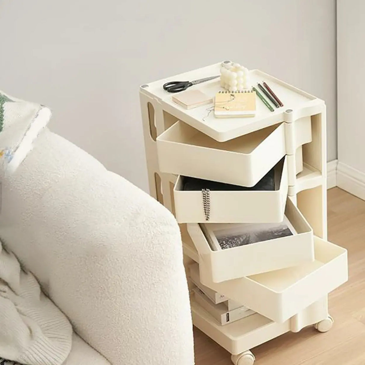 Rolling Narrow Open Storage Kids Nightstand with Shelf Image - 7