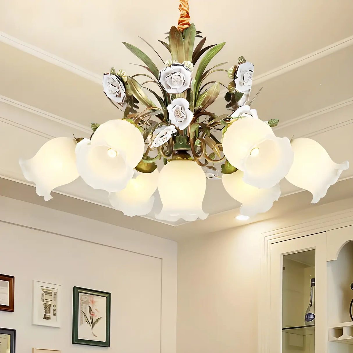 Romantic Green Floral Glass Chandelier for Living Room Image - 10