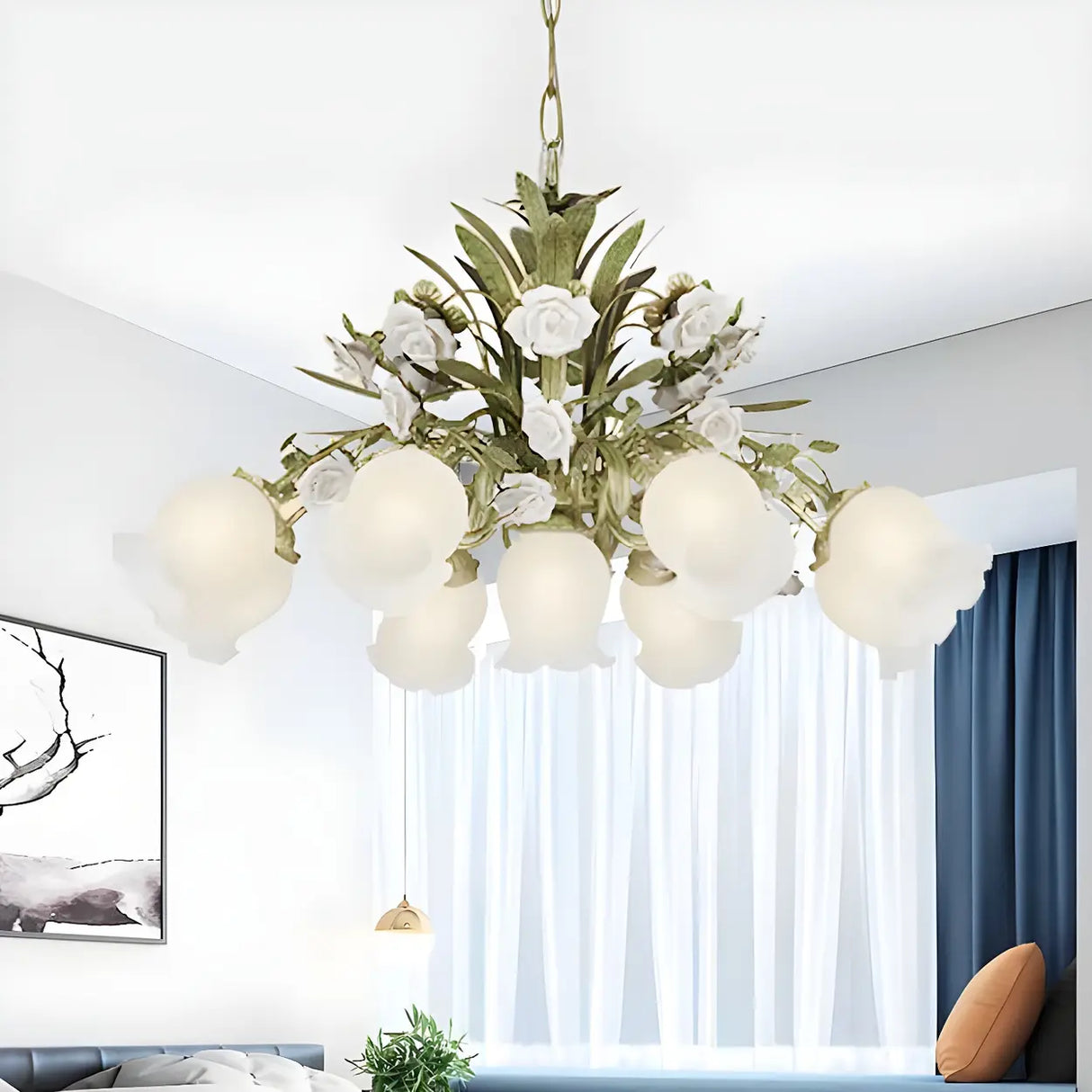 Romantic Green Floral Glass Chandelier for Living Room Image - 6