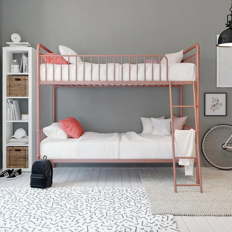 Rose Gold Space-Saving Bunk Bed with Guardrail and Stair Image - 1