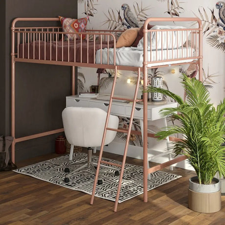 Rose Gold Space-Saving Bunk Bed with Guardrail and Stair Image - 2