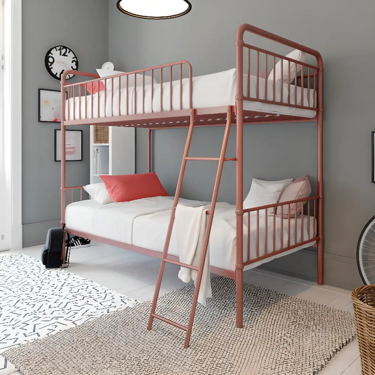 Rose Gold Space-Saving Bunk Bed with Guardrail and Stair Image - 4