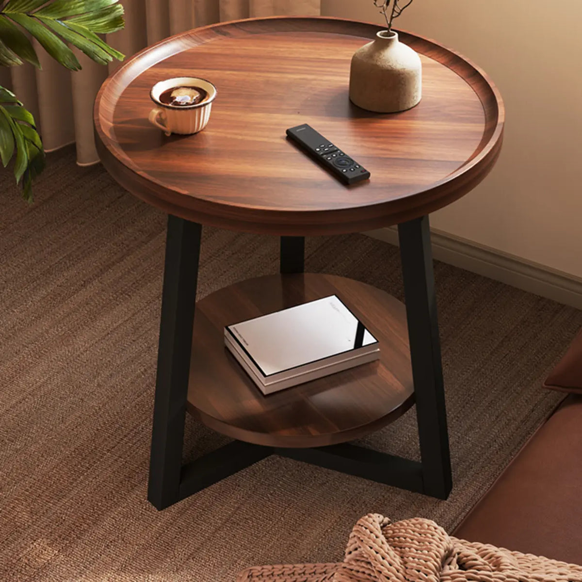 Round Brown Manufactured Wood and Steel Chairside Table – Homebaa