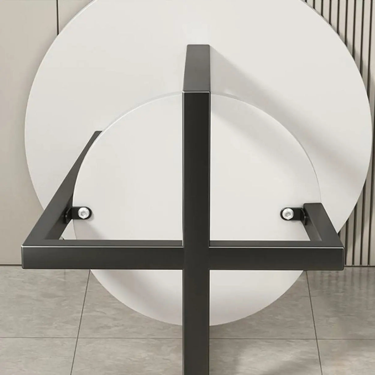 Round Stone Metal Cross Legs End Table with Storage Shelf Image - 11