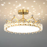 Round Crown Gold Flower Crystal Starry Bedroom Chandelier Image - 6