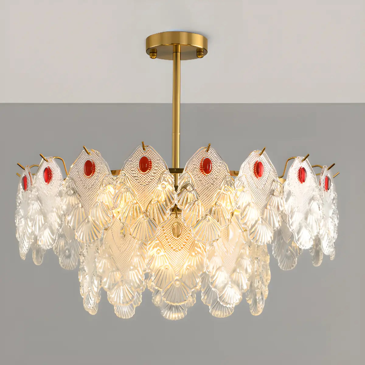 Round Glass Shell Tiered Red Dining Room Chandelier Image - 19