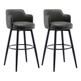 Round Leather Backrest Arm Black Iron Base Bar Stool Image - 14