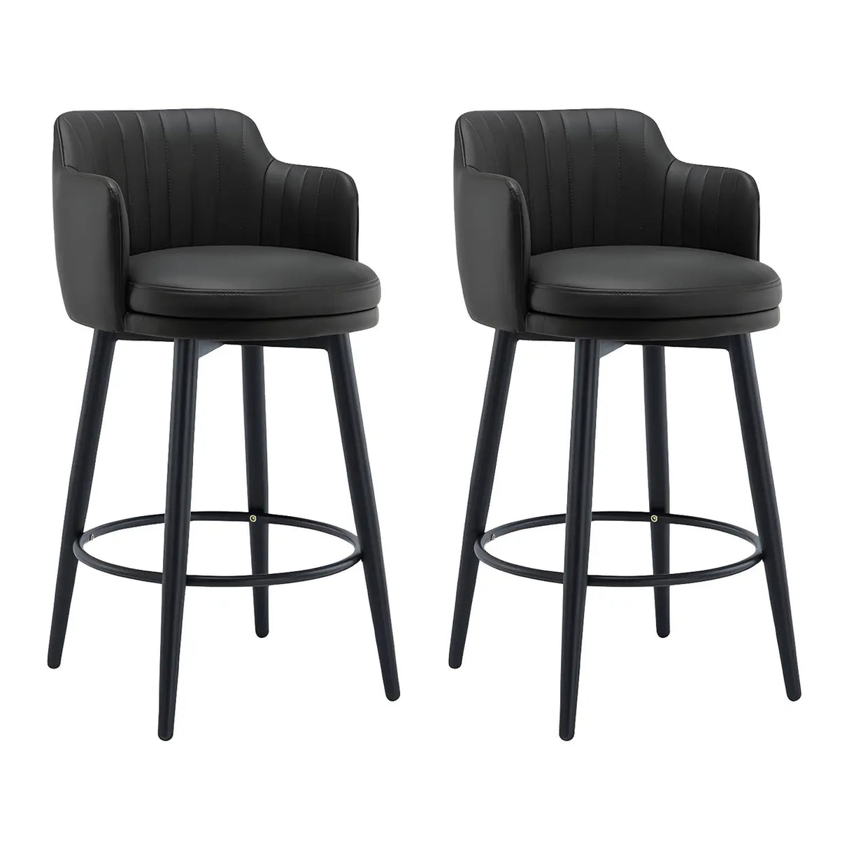 Round Leather Backrest Arm Black Iron Base Bar Stool Image - 29