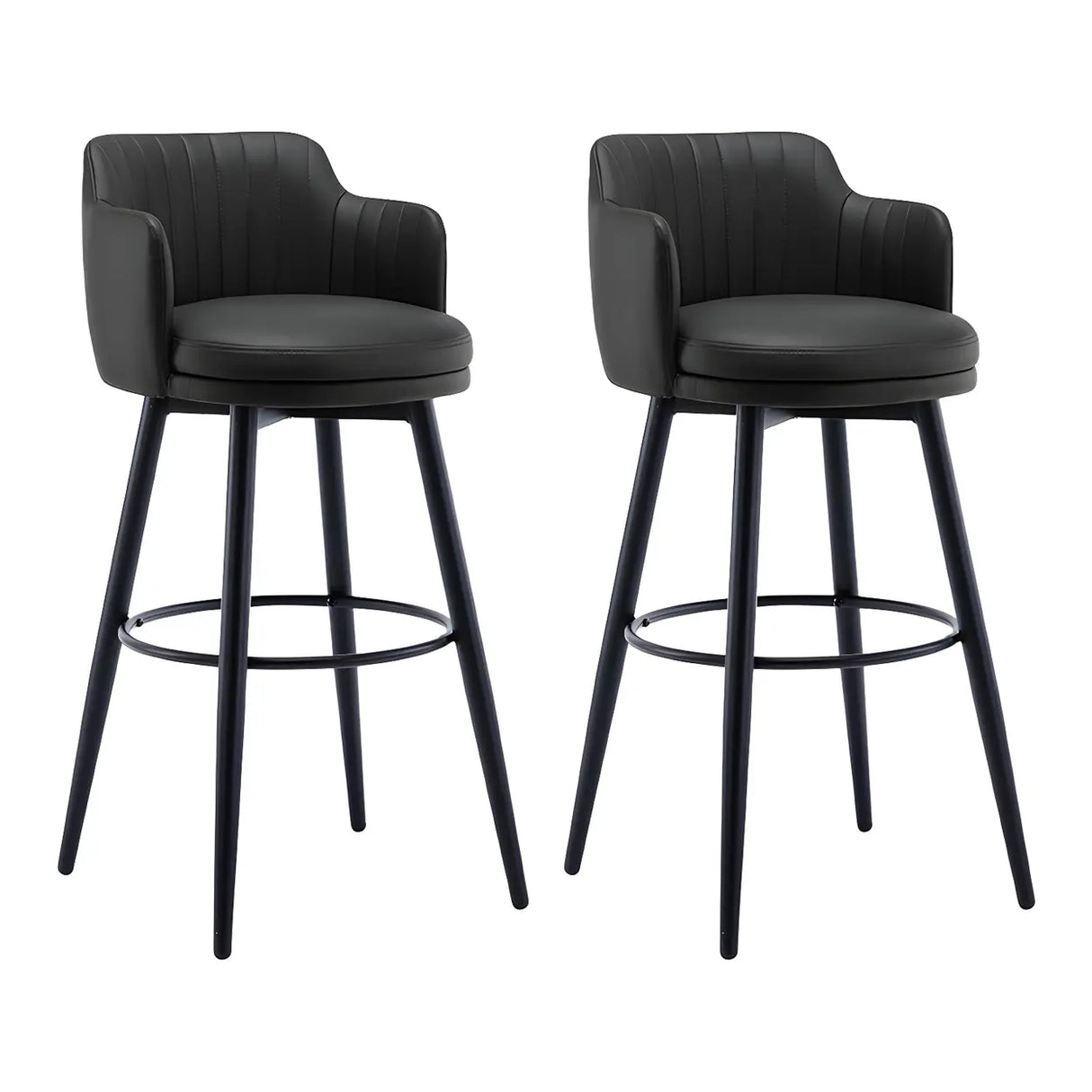 Round Leather Backrest Arm Black Iron Base Bar Stool Image - 33