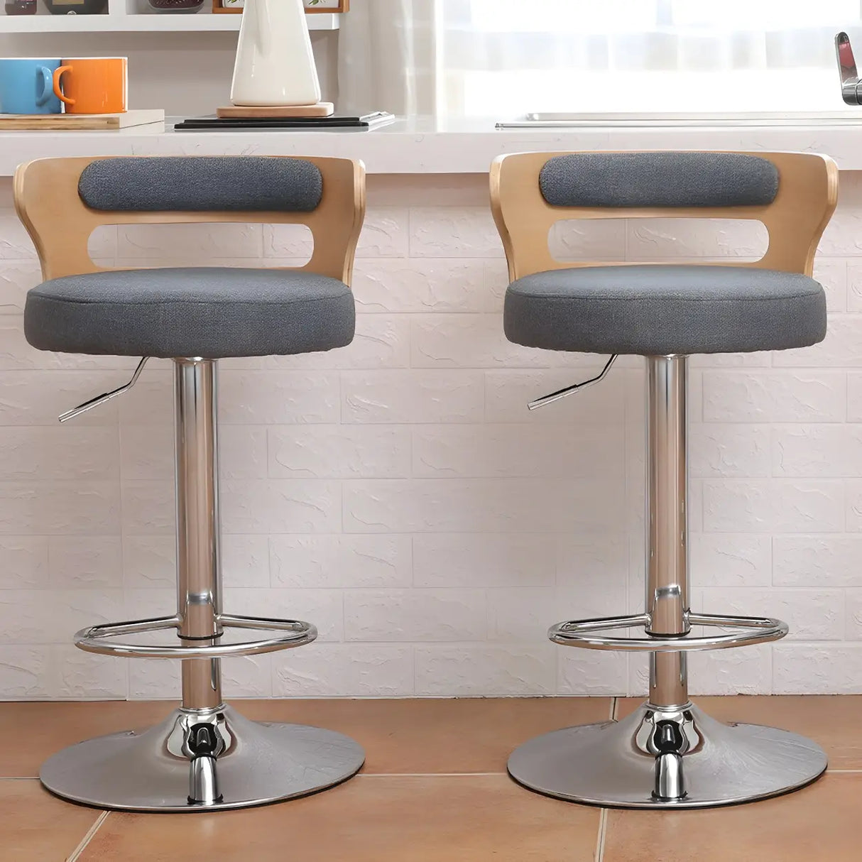 Round Leather Seat Adjustable Pedestal Swivel Bar Stool Image - 5
