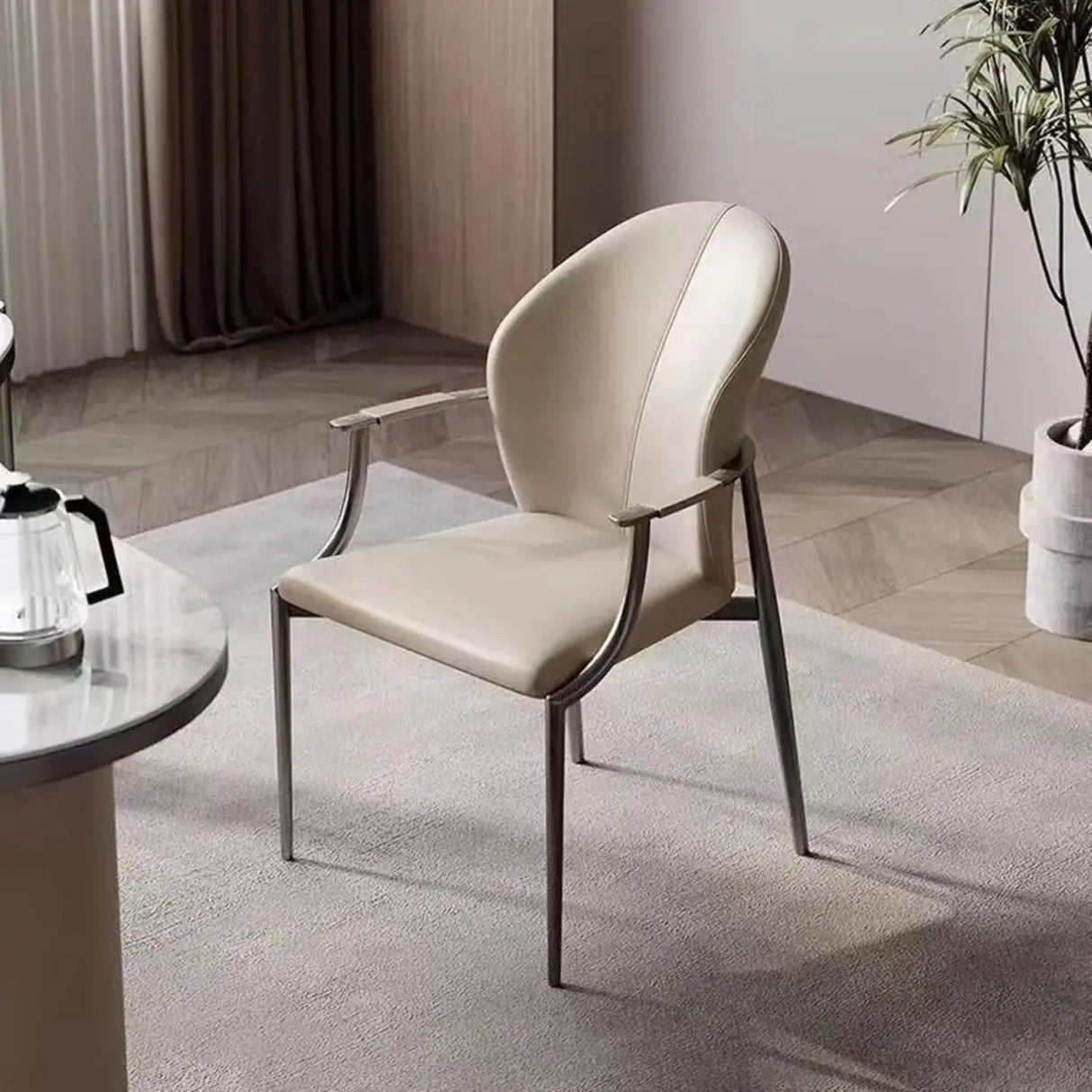 Round Leather Seating Curved Back Dining Chair Nude Image - 7