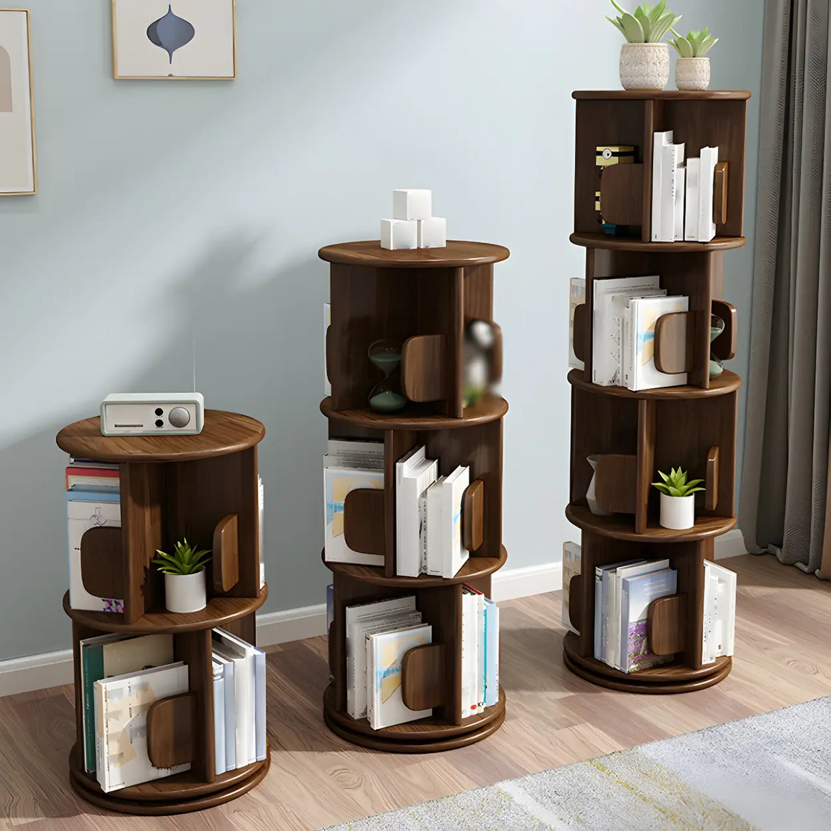 Round Natural Rotating Wood Geometric Bookcase Image - 6