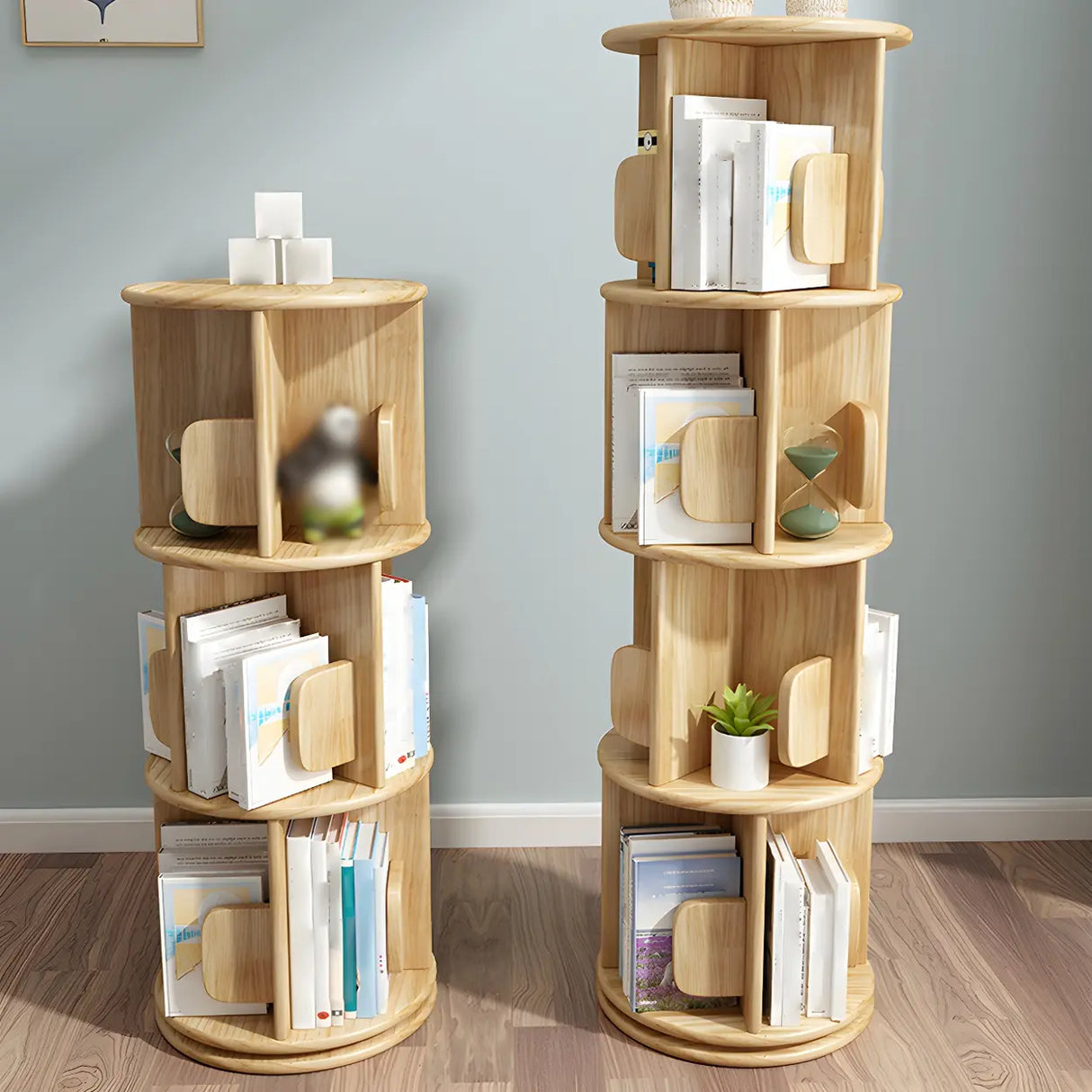 Round Natural Rotating Wood Geometric Bookcase Image - 8