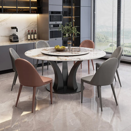 Round Stone Dining Table Set with Faux Leather Seating Image - 1