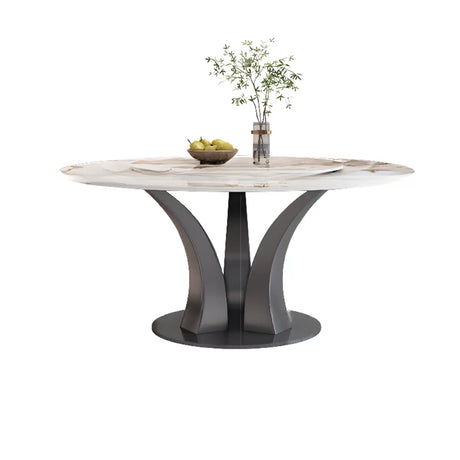 Round Stone Dining Table Set with Faux Leather Seating Image - 2