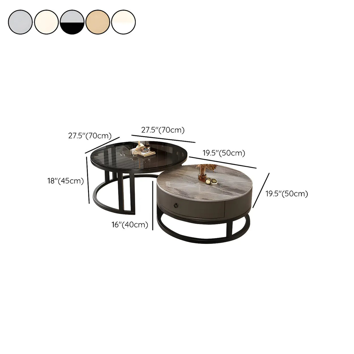 Round Stone Steel Frame Storage Nesting Coffee Tables 