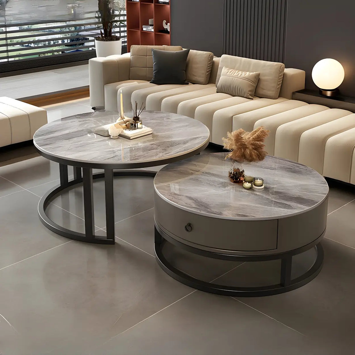 Round Stone Steel Frame Storage Nesting Coffee Tables Image - 9