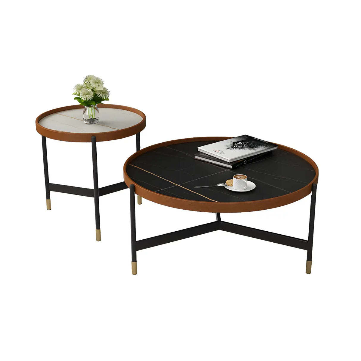 Round Tray Top Stainless Steel Base Coffee Table Set Image - 2