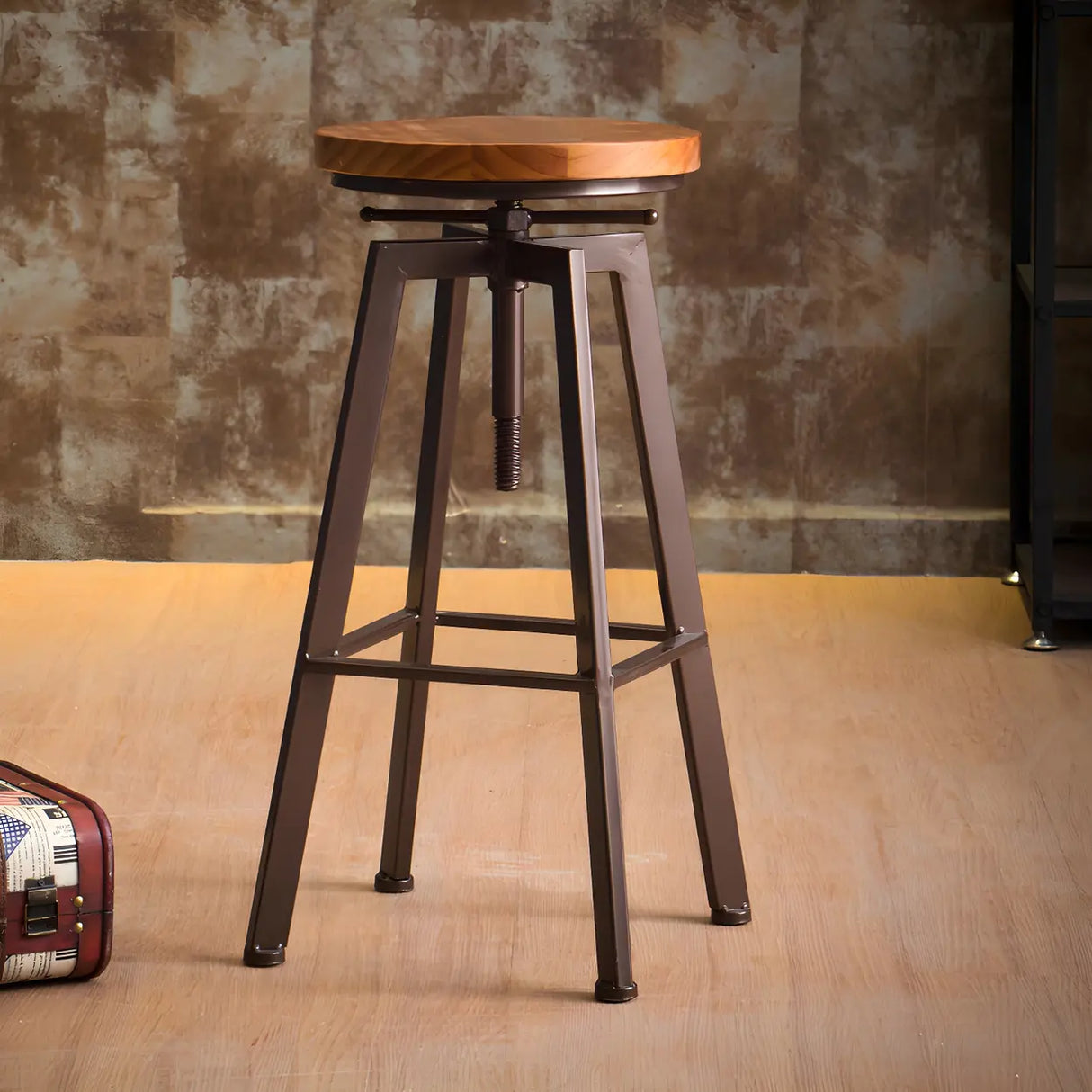 Round Wood Backless Metal Four Legs Counter Bar Stool Image - 10