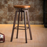 Round Wood Backless Metal Four Legs Counter Bar Stool Image - 10