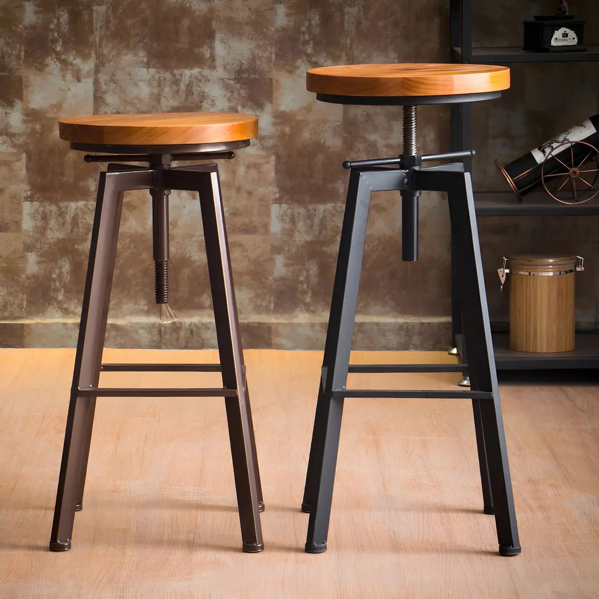 Round Wood Backless Metal Four Legs Counter Bar Stool Image - 3