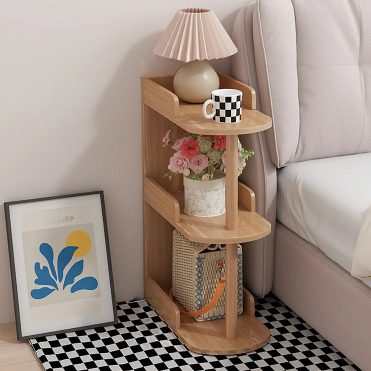 Round Wood Shelf Kids Nightstand Table with 3 Legs Image - 13