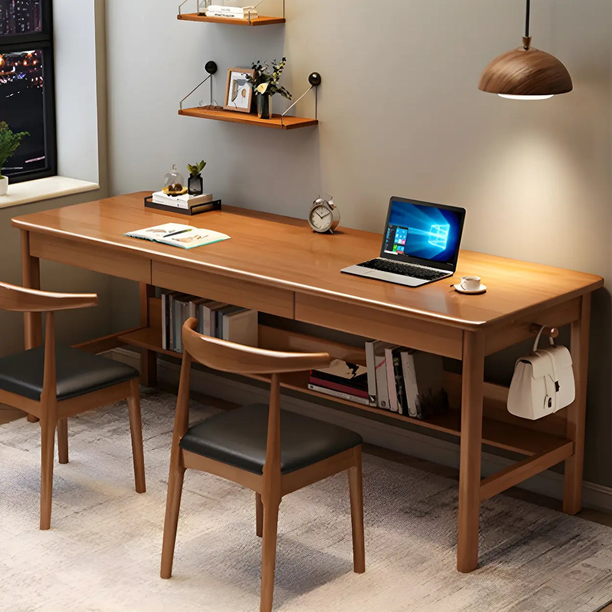 Rubberwood H-Shape Base Double Writing Desk with Drawer Image - 11