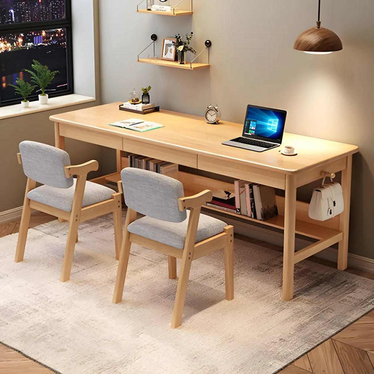 Rubberwood H-Shape Base Double Writing Desk with Drawer Image - 12