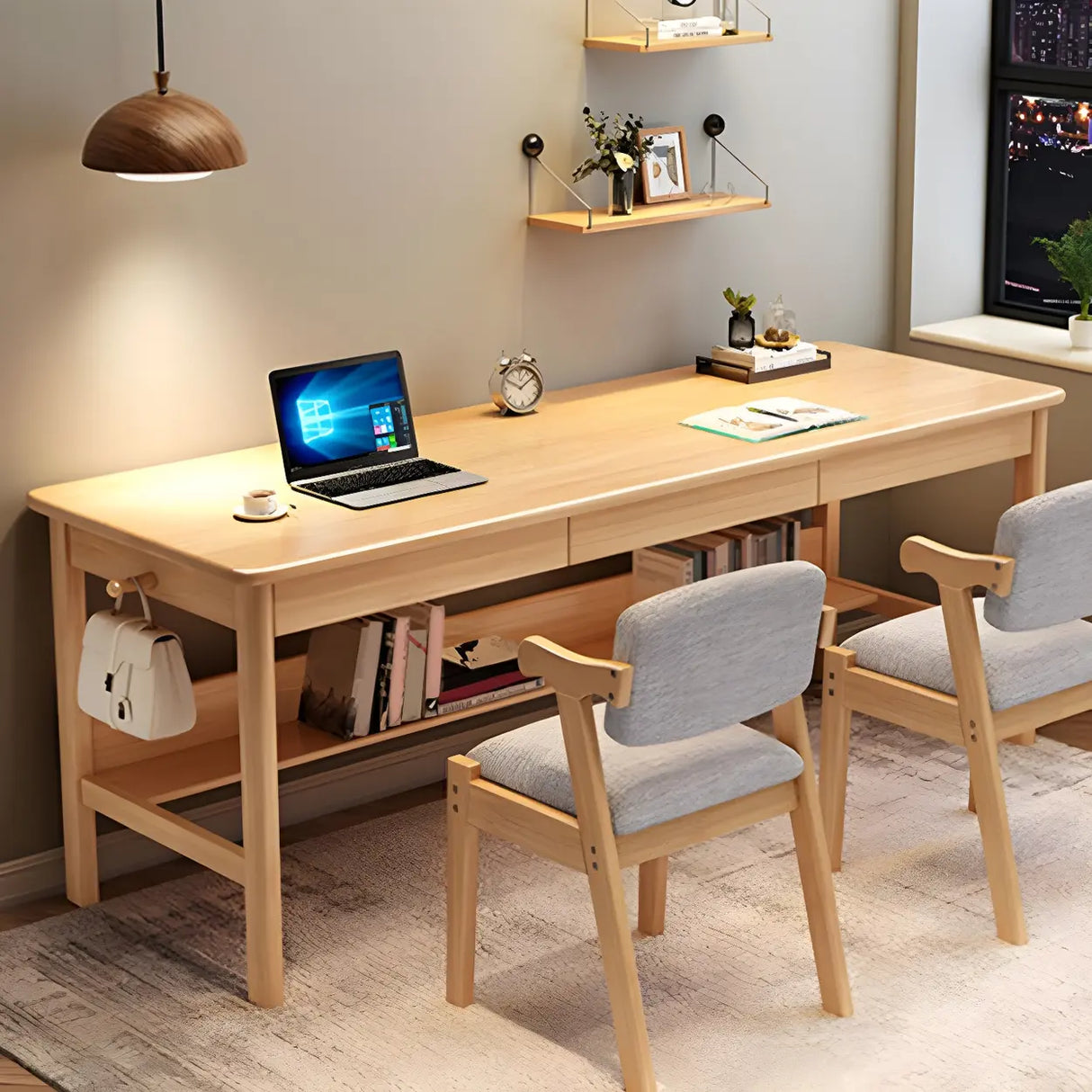 Rubberwood H-Shape Base Double Writing Desk with Drawer Image - 2