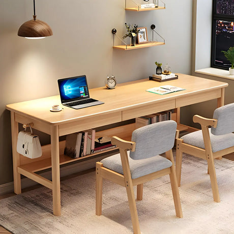 Rubberwood H-Shape Base Double Writing Desk with Drawer Image - 2