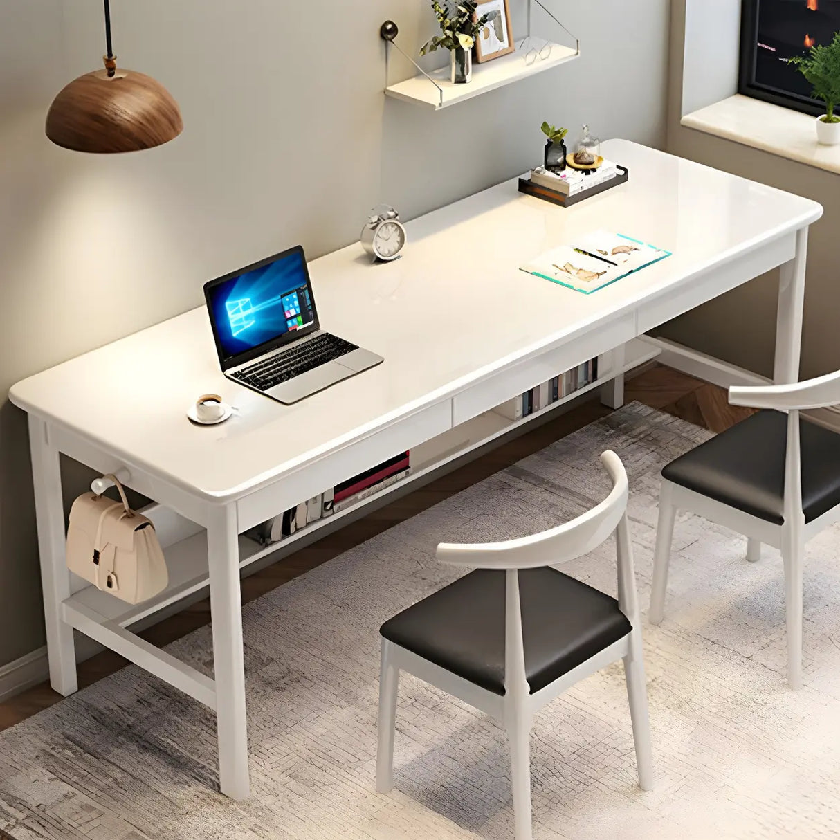 Rubberwood H-Shape Base Double Writing Desk with Drawer Image - 3