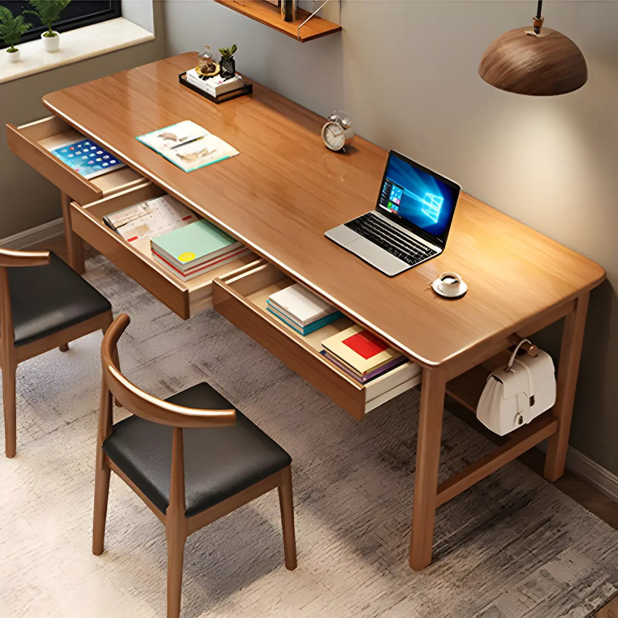 Rubberwood H-Shape Base Double Writing Desk with Drawer Image - 4