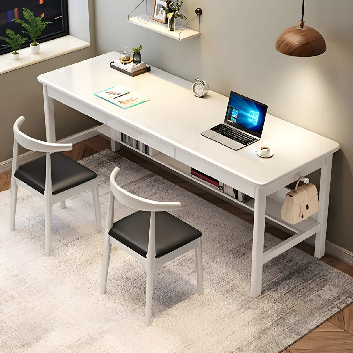 Rubberwood H-Shape Base Double Writing Desk with Drawer Image - 5