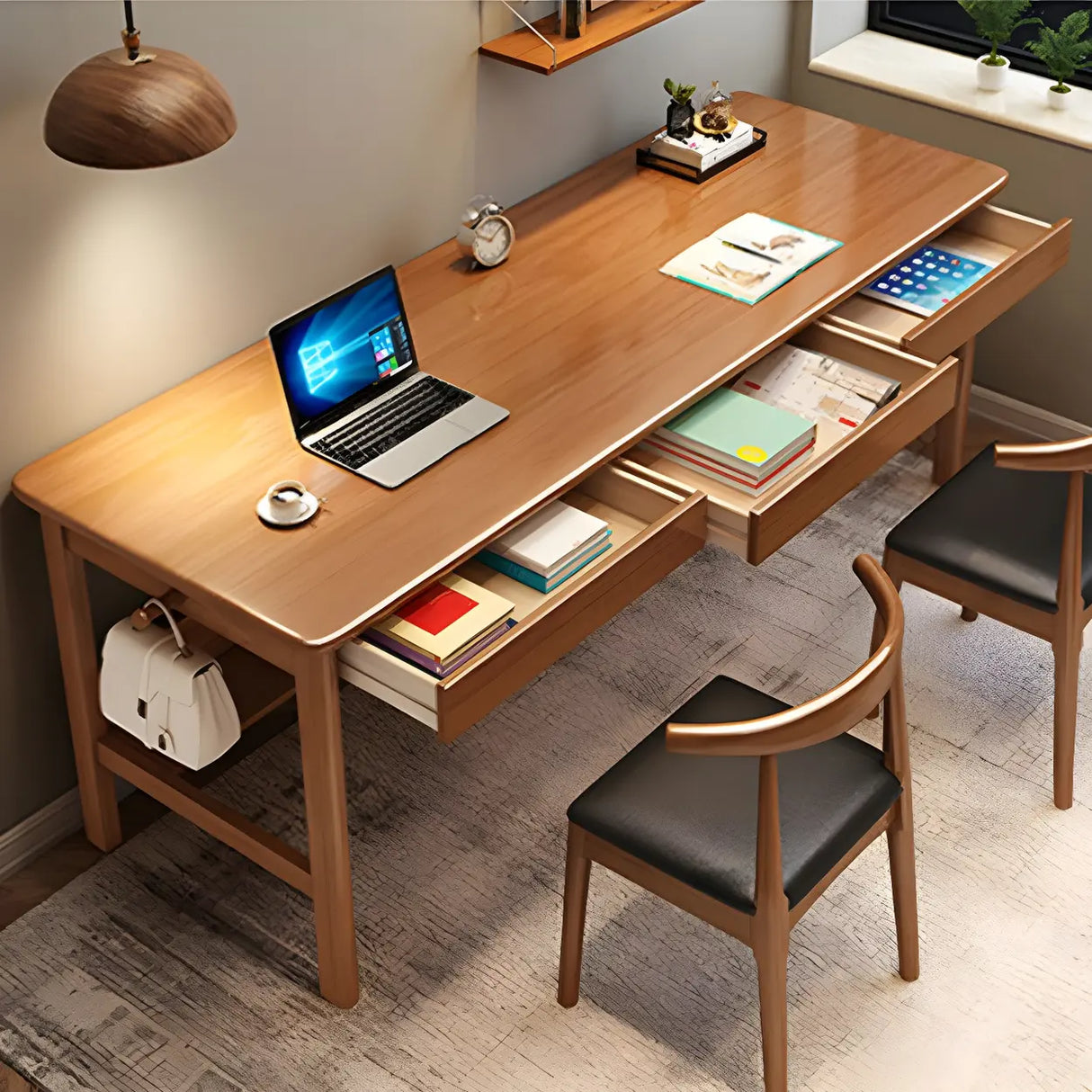 Rubberwood H-Shape Base Double Writing Desk with Drawer Image - 6