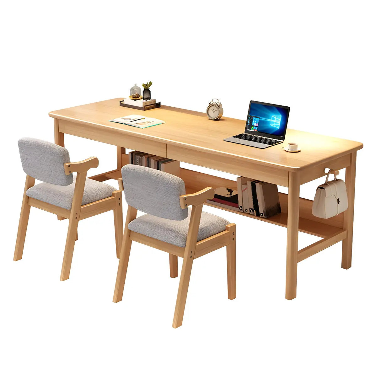 Rubberwood H-Shape Base Double Writing Desk with Drawer Image - 7