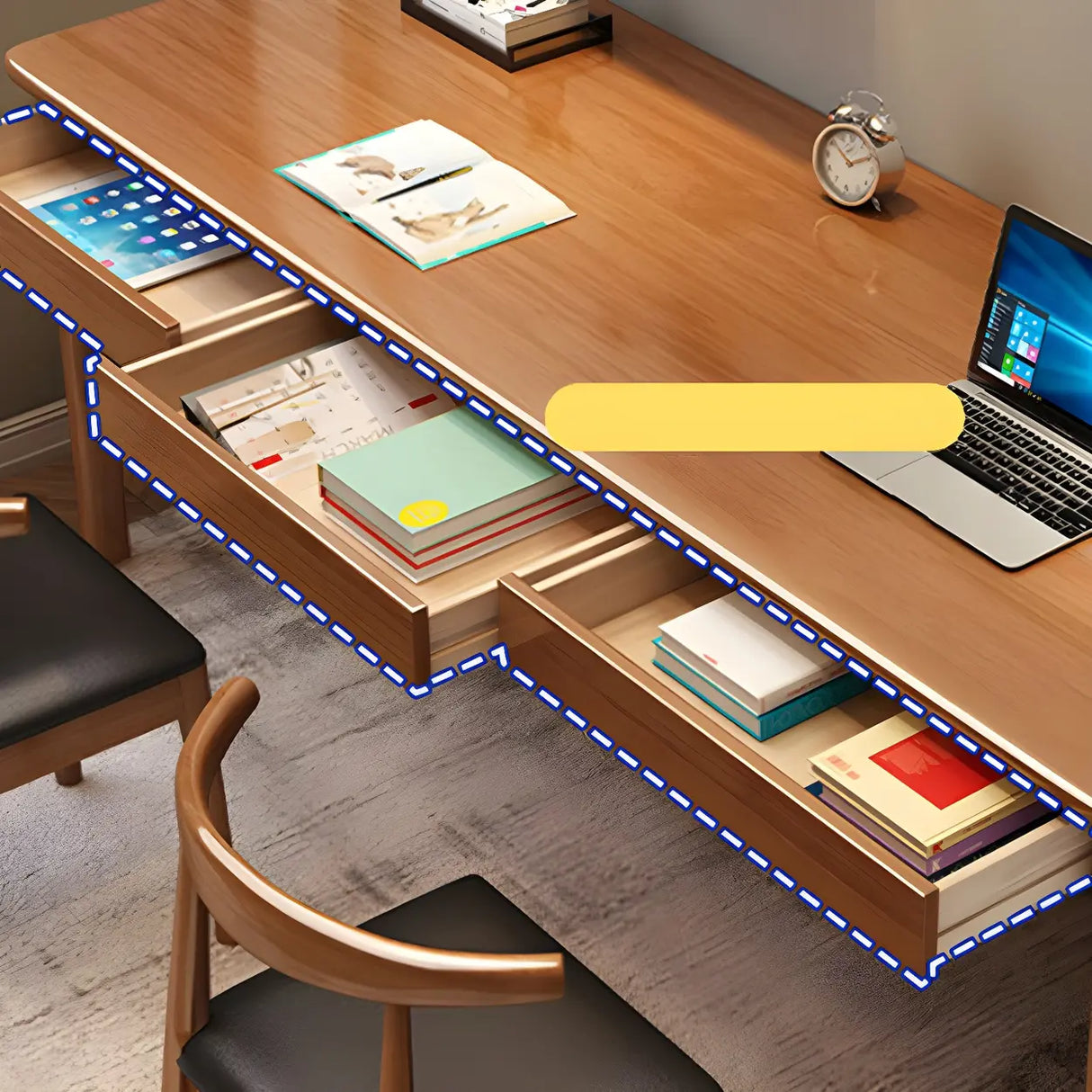 Rubberwood H-Shape Base Double Writing Desk with Drawer Image - 8