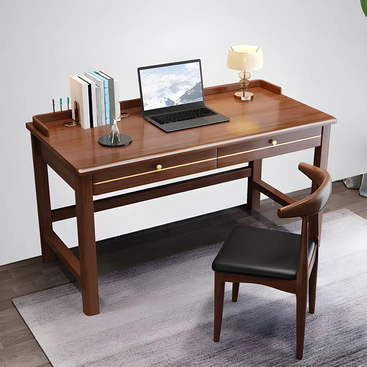 Rubberwood H-Shaped Base Writing Desk with Drawers Image - 10