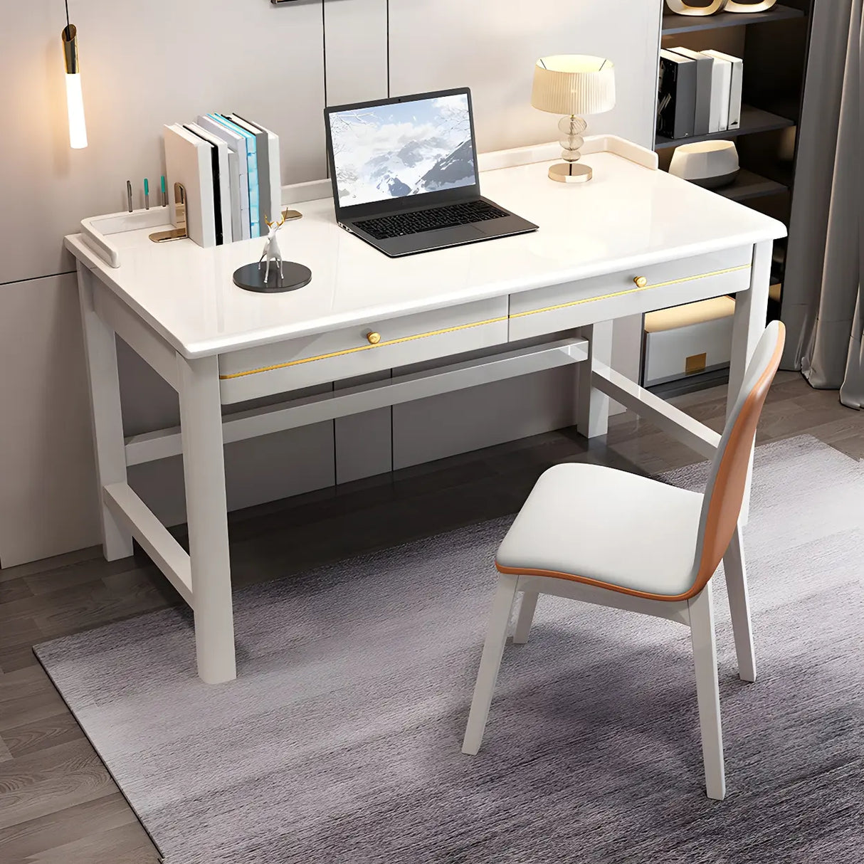 Rubberwood H-Shaped Base Writing Desk with Drawers Image - 2
