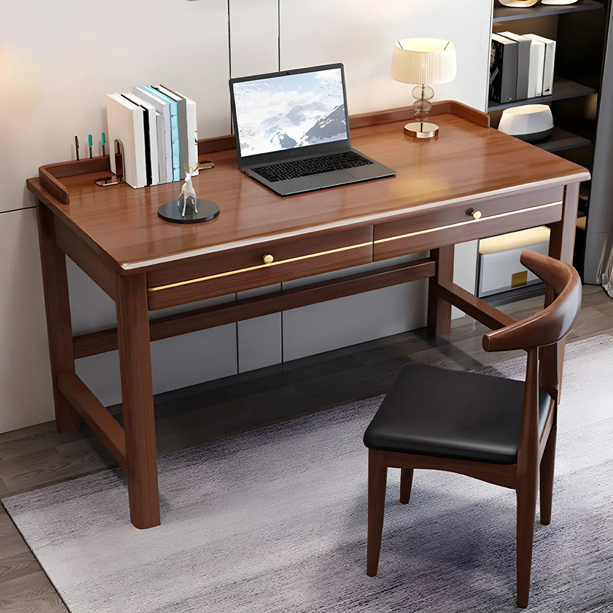 Rubberwood H-Shaped Base Writing Desk with Drawers Image - 4