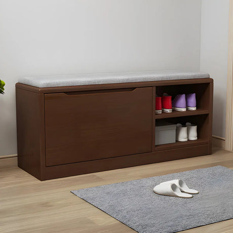Rubberwood Linen Blend Entryway Bench with Shoe Storage Image - 2