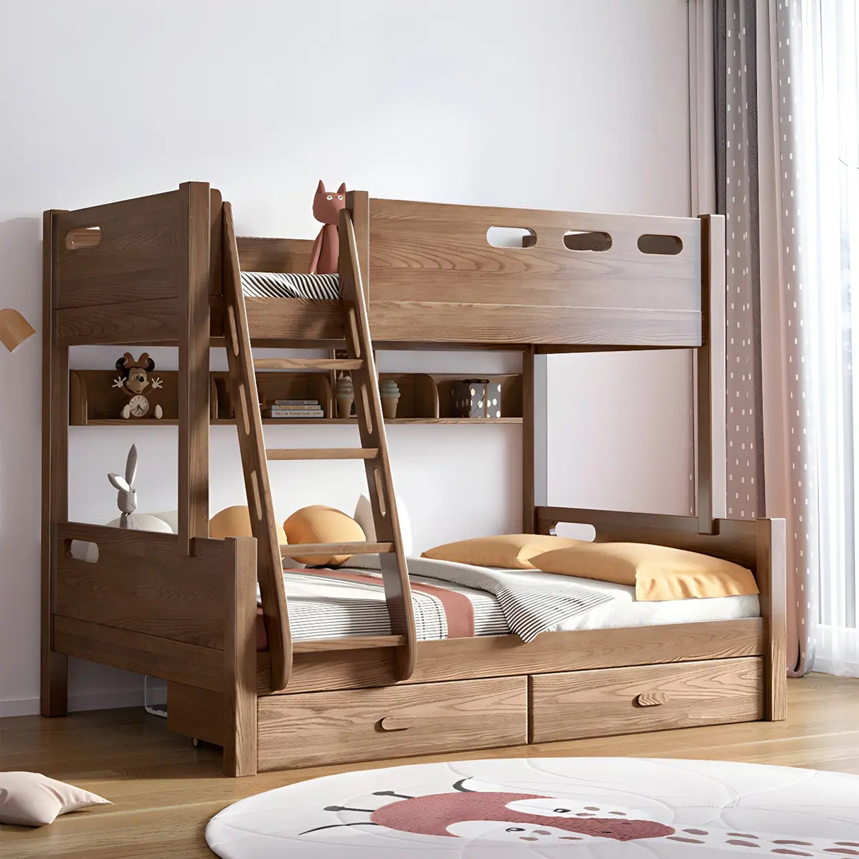 Rubberwood Space-Saving Bunk Bed with Mattress and Guardrail Image - 11